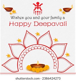 Vector Happy deepavali con diya de aceite y logo de esvástica, arte de mandala