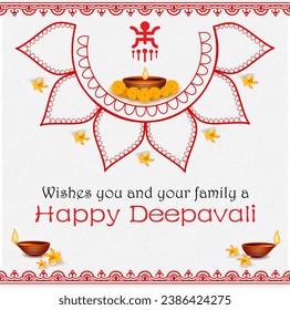 Vector Happy deepavali con diya de aceite y logo de esvástica, arte de mandala