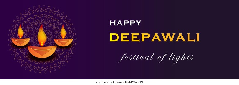 Happy Deepawali banner. Diya's illuminated with bright flame arranged on floor and traditional floral mandala design beneath in a bright violet  background. greeting card, poster for Deepavali