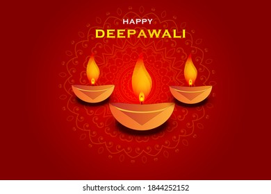 Happy Deepawali illustration. Diya's illuminated with bright flame arranged on floor and traditional floral mandala design beneath in a festive red background. greeting card& banner model for dipavali