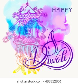 Happy Deepawali watercolor greeting card to indian fire festival diwali with hand lettering inscription, vector illustration eps10
