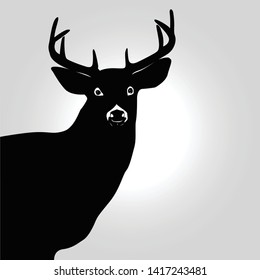 happy deer with antlers horns logo silhouette Vector art drawing in gray gradient background