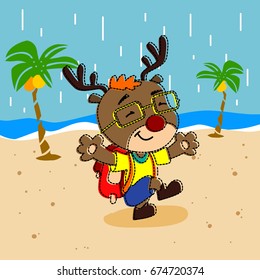 happy deer in the beach. vector cartoon illustration