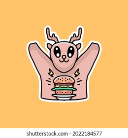 Happy deer with burger cartoon, illustration for stickers and t shirt.