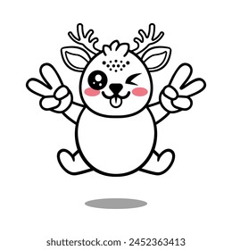 happy deer cartoon character with peace sign hand vector illustration for coloring book