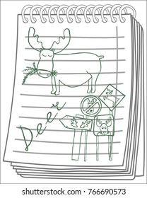 A happy deer chews grass next to road signs warning about deer on notebook background. Vector illustration.