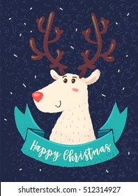 Happy deer. Christmas greeting card background poster. Vector illustration. Merry christmas and Happy new year.