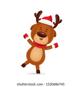 Happy deer dancing with red cap and red scarf with isolated background