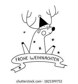 Happy deer. Frohe weihnachten it's merry christmas in german. Vector illustration for greeting card, stickers, t shirt, posters, flyers design. 