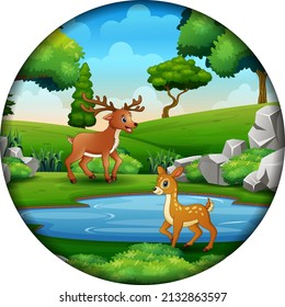 Happy deer playing at nature in a round frame