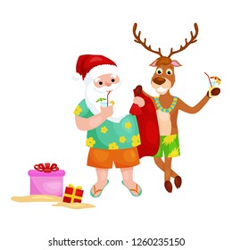 Happy deer and Santa Claus getting ready for Xmas party