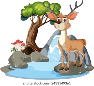 A happy deer standing near a small waterfall