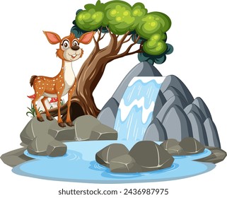 A happy deer standing near a small waterfall and tree.