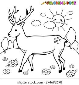 A happy deer in a sunny landscape with trees and flowers. Vector black and white coloring page.