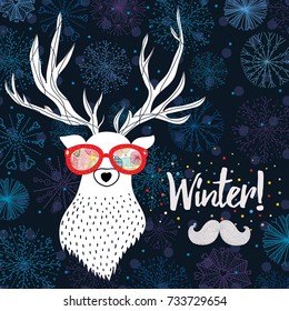 Happy deer, happy winter! Cute postcard.