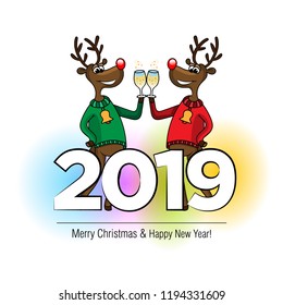 Happy deers in different color jersey with champagne glasses, christmas clothes and bells. Suitable for Christmas and New Year card. Vector 2019.