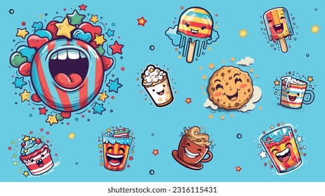 Happy Delicios Food Cartoon Sitckers, Funny Colorful Clip Arts, Digital Vector Artwork