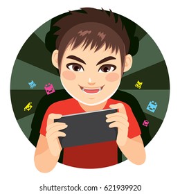 Happy delighted gamer boy playing video games with tablet device