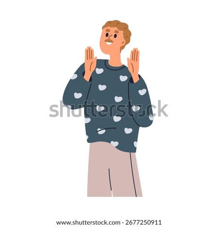 Happy delighted man gesturing with hands in admiration, smiling. Impressed touched person with emotional excited thrilled face expression. Flat vector illustration isolated on white background