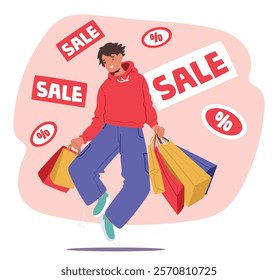 Happy delightful boy cartoon teenager character rejoicing retail shopping with special sale discounts offer, price clearance scene. Excited young customer carrying purchases bags vector illustration