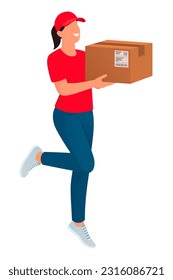 Happy delivery agent woman holding a delivery box