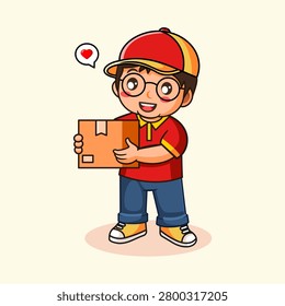 Happy Delivery Boy Holding a Package Vector Illustration Cartoon Design