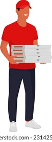Happy delivery guy delivering hot pizza boxes, fast food and food delivery concept