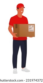 Happy delivery guy holding a cardboard box, shipment and delivery concept