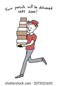 Happy delivery man carrying stack of boxes. Portrait of happy delivery man carrying many boxes and sending them in a hurry. Delivery man running and hurrying to deliver stack of boxes. 