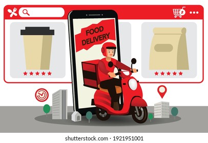 Happy delivery man drive motorcycle go to send food. The background is a website for ordering meal. Food Delivery Mobile Application is a platform for the restaurants. Decorated with buildings and gps