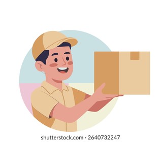 Happy delivery man holding a parcel. Flat style vector, perfect for animation, delivery service themes, and logistics content.