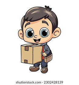 Fröhlicher Lieferant mit Paketbox-Zeichengrafik im Doodle-Stil einzeln auf Hintergrund