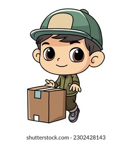 Happy delivery man with package box character illustration in doodle style isolated on background