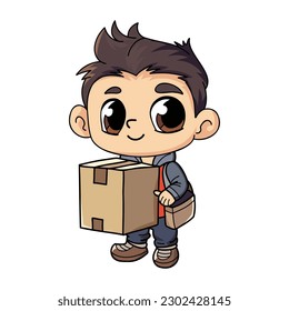 Feliz repartidor con ilustración de caracteres de caja de paquete en estilo doodle aislado en segundo plano