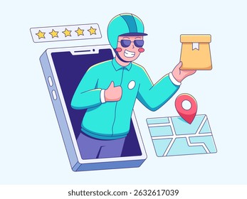 Happy delivery man with package from phone screen showing map and five stars rating.