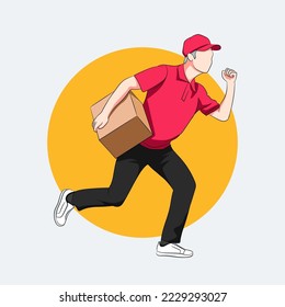 Happy delivery man in uniform running and holding parcel