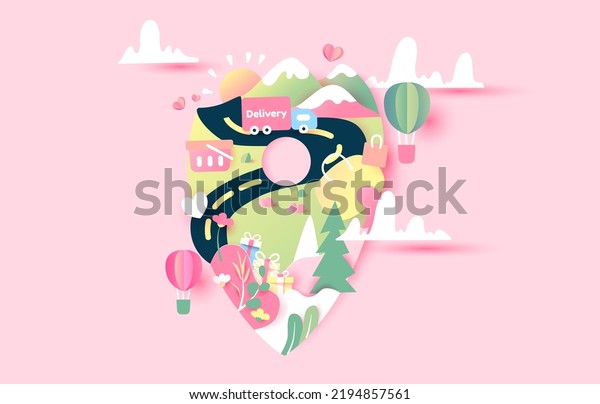Happy delivery to you pink background paper\
style. check in, shopping cart, shopping bag heart. vector art and\
illustration.