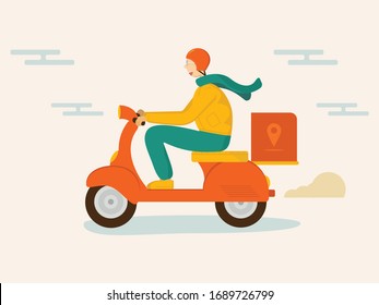 A happy delivery young man guy riding orange scooter moped fast. Characters. Flat vector illustration.