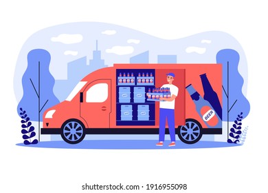 Happy deliveryman delivering beer, carrying crate from branded truck with drinks, bottles and kegs. Vector illustration for courier job, alcohol industry, advertising, brewery concept