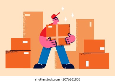 Happy deliveryman hold package work in warehouse. Smiling male courier deliver parcels boxes to clients. Good quality shipping service. International delivery. Flat vector illustration. 