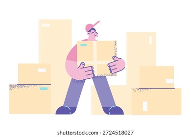 El repartidor feliz sostiene el trabajo del paquete en almacén. El mensajero masculino sonriente entrega las cajas de los paquetes a los clientes. Buena calidad de servicio de envío. Entrega internacional. Ilustración vectorial plana.