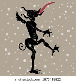 Happy demon or devil with long protruded tongue under snowflakes. Funny Christmas motif.