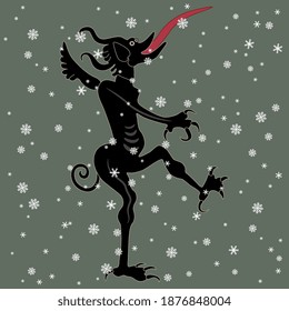 Happy demon or devil with long protruded tongue under snowflakes. Funny Christmas motif.