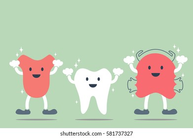 happy dental best friend cartoon vector - tooth, tongue and orthodontic teeth retainer braces bracket