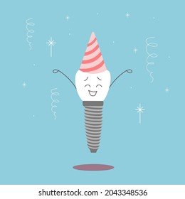 Happy dental implant jumps with a festive cap on its head