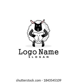 Happy dental sheep logo vector, with curly fur and hug a tooth. Goat mascot for dentist health care business & medical brand icon. Character for kid teeth & mouth clinic hospital