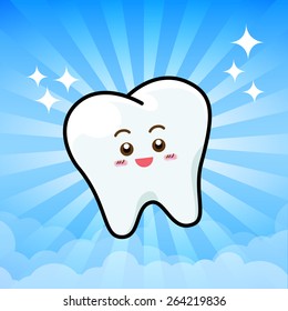 Happy Dental Smile Tooth Mascot Cartoon Character on sunburst blue sky background vector illustration