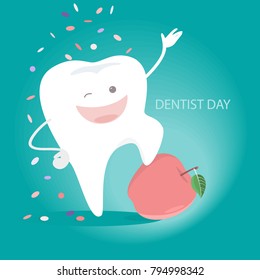 Happy dentist day with white tooth and apple.