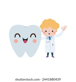 Happy Dentist with Tooth character Cute cartoon flat style vector illustration on white background