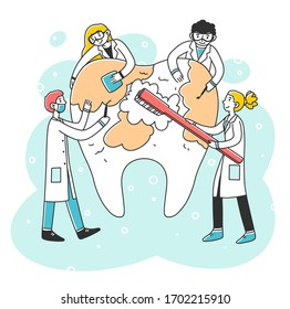 Happy dentists cleaning big tooth with toothbrush flat vector illustration. Doctors diagnosing caries and curing cavity. Stomatology and healthcare concept.